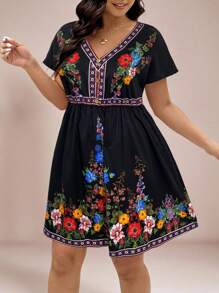 SHEIN VCAY Plus Size Batwing Short Sleeve V-Neck Floral Print Dress Embroidered Mexican Festival Wildflower - Black - View 6