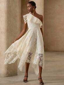 BELROSIE New Summer French Style Oblique Shoulder Ruffle Organza Embroidered Flared Sleeveless Dress - Apricot - View 6