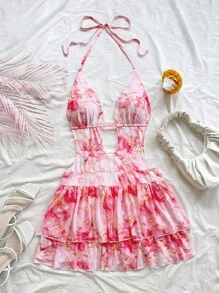 Soleia 女士度假粉色大理石纹理印花深 V 领露背系带迷你连衣裙，带荷叶边下摆，适合派对、婚礼、性感约会、下午茶、城市旅行、海滩、夏季音乐节、波西米亚风假期 - 淺粉色 - 查看 3