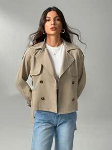 SHEIN Tall Beige Button-Down Drawstring Trench Coat Women's In Fall/Winter