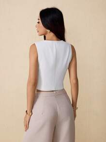 SHEIN PETITE 秋冬女式纯色单排扣无袖休闲西装外套 - 白色 - 查看 5