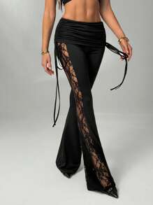 SHEIN Tall Quần ống loe xếp nếp có dây rút eo gợi cảm màu đen cho nữ đi biển - màu đen - Xem 7