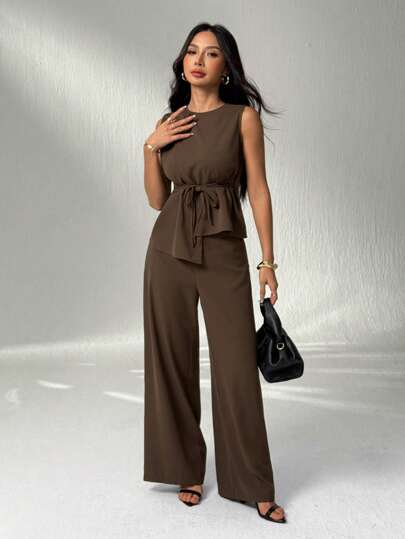 SHEIN PETITE Dam Sommar Casual Enfärgad Asymmetrisk Fåll Västkostym Byxkostym Affärskvinnorskläder Sexiga Kontorskläder Dam Tvådelat Set Gammaldags Läraroutfit Höstkläder Damkläder Gammaldags Pengarstil Kontorsfestil