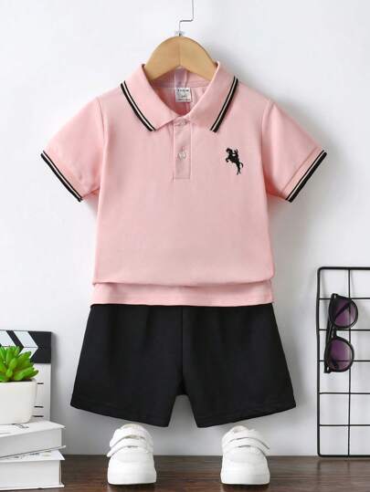 SHEIN Camisa polo de manga corta a rayas casual para niño, temporada de regreso a clases
