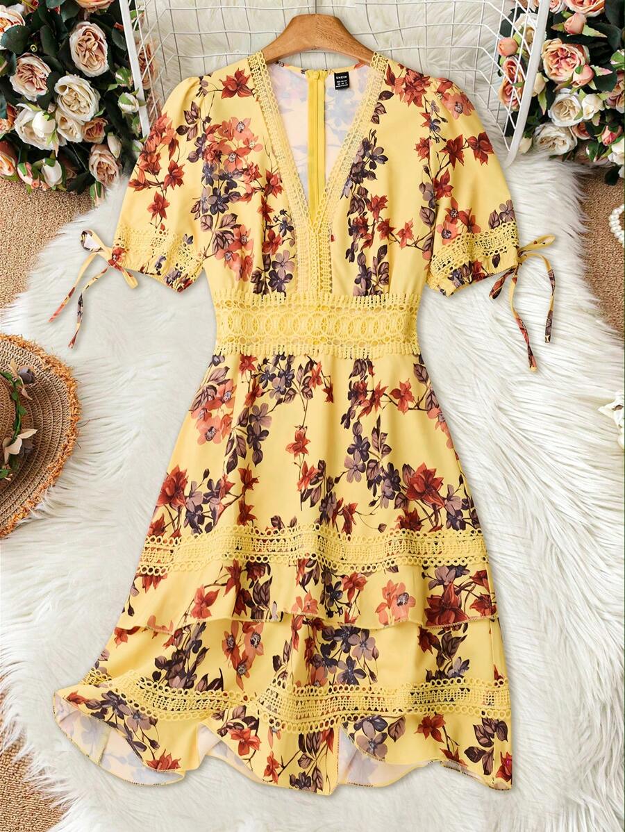 SHEIN PETITE Women's Floral Print Contrast Lace Short Sleeve Vacation Dress - Yellow - View 1