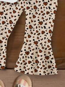 Baby Girl Leopard Bow Cherry Printed Round Neck Short Sleeve White T-Shirt And Leopard Knitted Flared Pants Set Leopard Print Baby Clothes - Multicolor - View 4