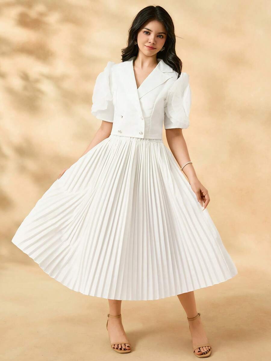 SHEIN 2 件套少女 3D 花卉装饰短袖夹克 + 褶皱针织裙套装,优雅而 - 白色 - 查看 1
