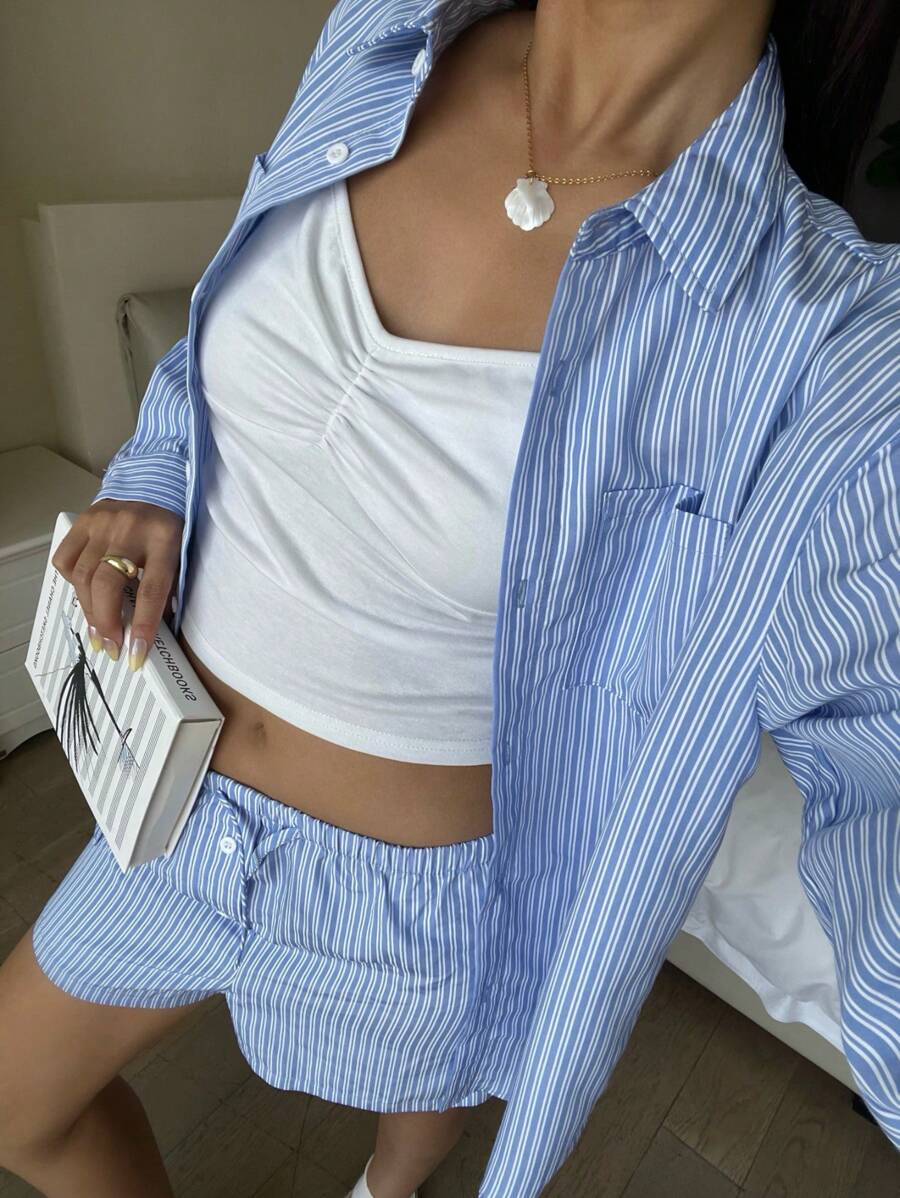 SHEIN Teen Girls 3 Piece Set: Loose Striped Long Sleeve Shirt, White Ruched Camisole, And Shorts - Blue and White - View 1