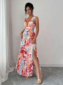 SHEIN PETITE 女士度假无袖印花深V领露肩褶饰性感节日连衣裙（随机印花）