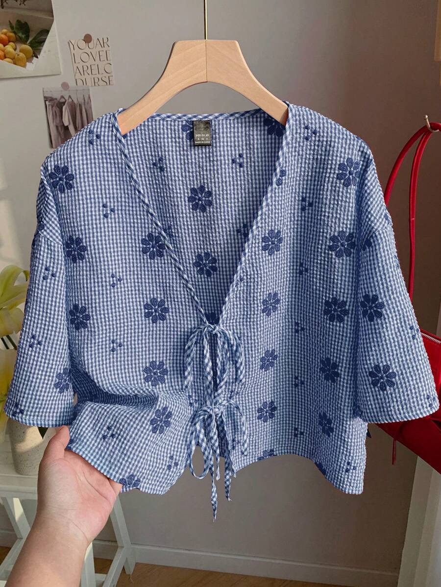 Comfortcana Chemise à manches tombantes à motif pied-de-poule bleu marine pour femmes