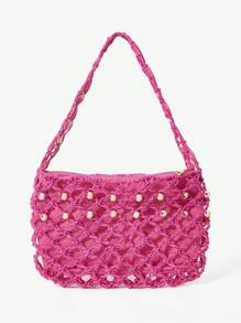 MUSERA Crochet Beaded Woven Caged Shoulder Bag Beach Bag - Hot Pink - View 2