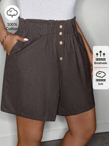 SHEIN LUNE SHEINLUNE Women Plus Size Blue Linen Elasticated Ruffled Hem Casual Shorts,Summer Outfits For Women, Spring Break Outfits Summer Boho Old Money Cotton Brown Shorts Women Women Shorts Summer Loose Shorts Paperbag Waist Shorts Comfy Shorts,Old Money Style Women