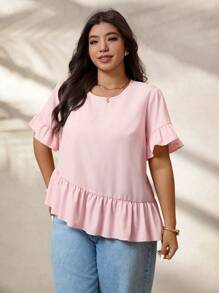 SHEIN LUNE Plus Size Women Asymmetrical Hem Ruffle Sleeve Casual Loose Blouse, Summer - Pink - View 6