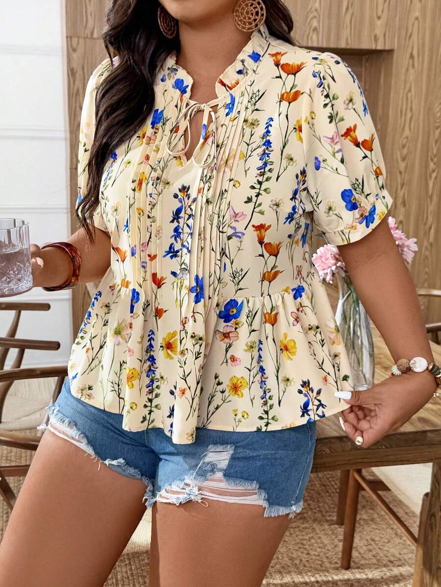 Weeklong 女式 V 领系带褶皱灯笼袖衬衫，度假装 - 彩色 - 查看 1