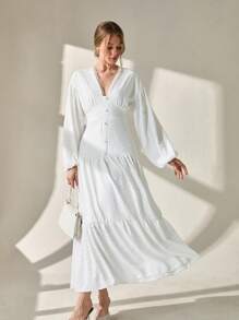CLARA VERO Vestido elegante y casual con bordado de ojales, vestido blanco largo, vestido de falda