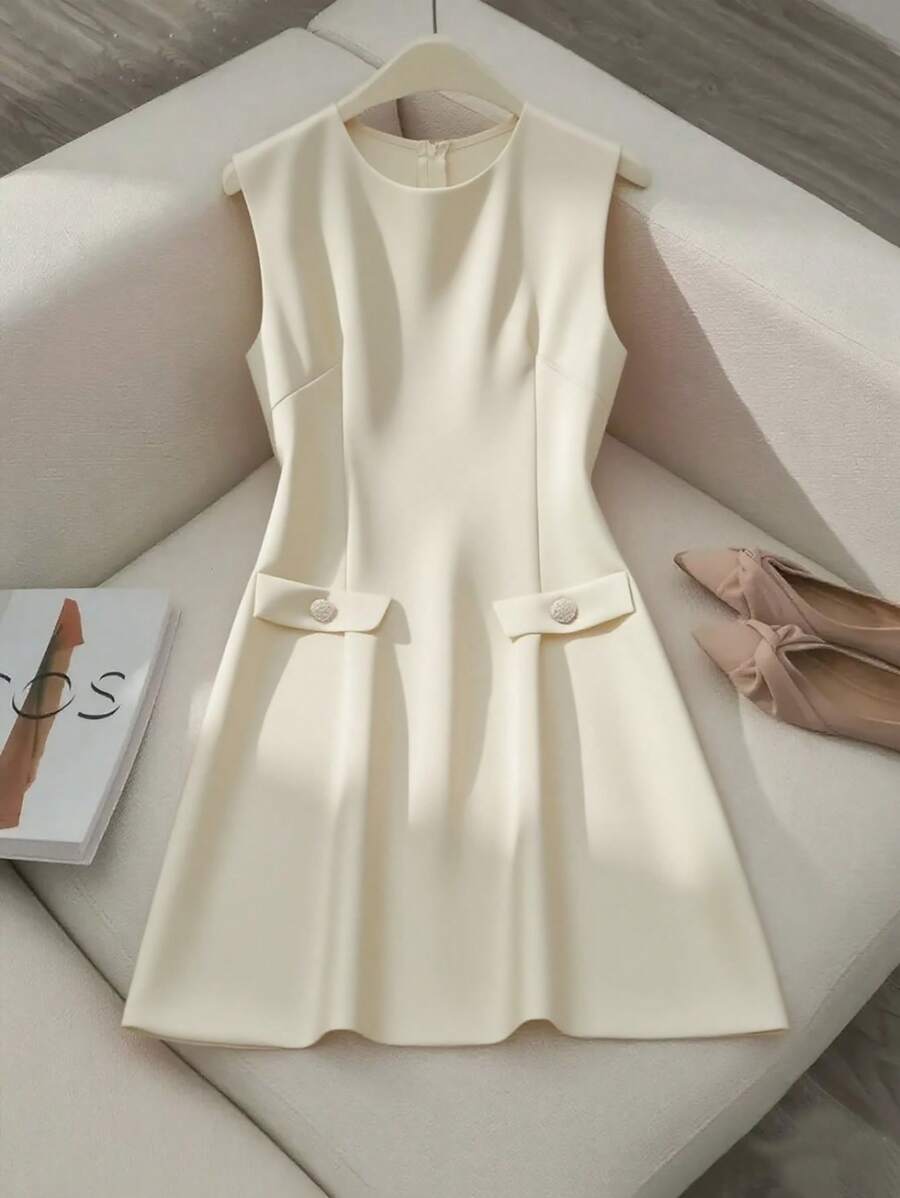 Franclia Vestido de oficina elegante sin mangas con cinta en la cintura para mujeres - Albaricoque - Ver 1