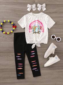 2pcs Set Tween Girls Rainbow Knit Top And Matching Leggings