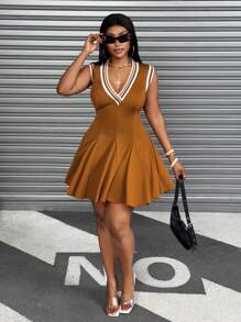 Maweii 大码女式性感深V领无袖飘逸荷叶边连衣裙