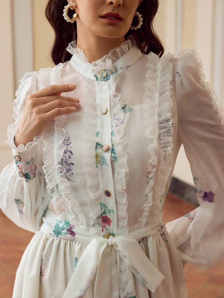 ZEYLAH Vestido Elegante com Estampa Floral, Recortes e Babados para Mulheres, Roupa de Outono
