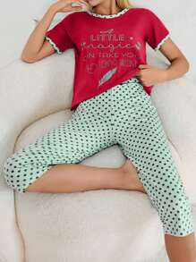 SHEIN Cottnline 100% Cotton 2 chiếc áo sơ mi cotton in khẩu hiệu màu tương phản và quần Capri in chấm bi, đồ ngủ mặc ở nhà - Màu Hồng Tươi - Xem 4