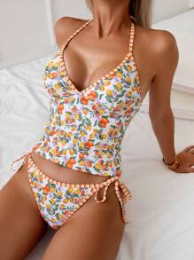 Swim Mod 2pcs Lemon Print Beachwear Set, Striped Adjustable Camisole And Bikini For Summer Beach Vacation