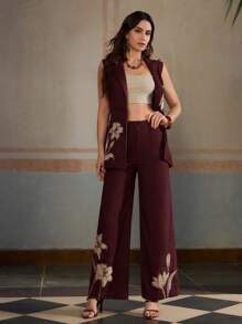 ZEYLAH Business Style Embroidered Linen Loose Fit Dual Breasted Suit Vest - Burgundy - View 3