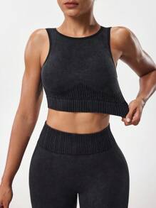 Seamluxe SHEIN Sport Bộ 2 món/Bộ đồ thể thao nữ cổ tròn co giãn liền mạch không tay áo crop top và quần - màu đen - Xem 7