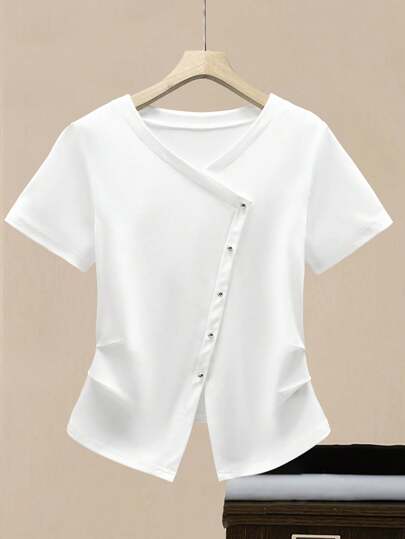 GlowEve 新设计感不对称V领开衩腰时尚女式T恤