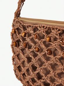 MUSERA Crochet Beaded Woven Caged Shoulder Bag Beach Bag - Brown - View 6