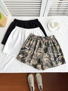 Conjunto de 3 piezas de shorts casuales de punto sólido, estampado de rama desnuda y camuflaje para niña preadolescente, de vuelta a la escuela, a juego con mamá - Multicolor - Ver 9