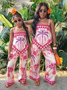 SHEIN Tween Girl Vacation 2pcs/Set Printed Cami & Pants Outfit, Minimalist Fashion Casual Daily Wear - Pink - View 2
