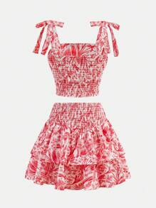 SHEIN Top à fines bretelles style floral pour préadolescentes et jupe évasée en 2 pièces, style décontracté de rue