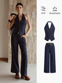 MOTF PREMIUM STUDDED DETAIL HALTER DENIM TOP & FLARE LEG JEANS - Royal Blue - View 1