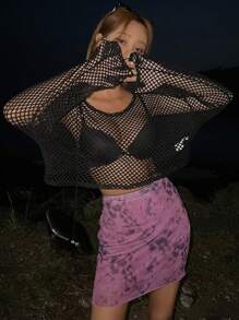 DAZY Solid Drop Shoulder Mesh Top Without Bra Going Out Tops Sheer Long Sleeve Women Tops,Fall Women Clothes - Black - View 6