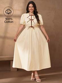 Chikora Plus Size Summer Casual Dress With Bow Decor Balloon Sleeves Summer Beige Dresses For Women Summer Elegant Dress Neutral Dresses - Apricot - View 2