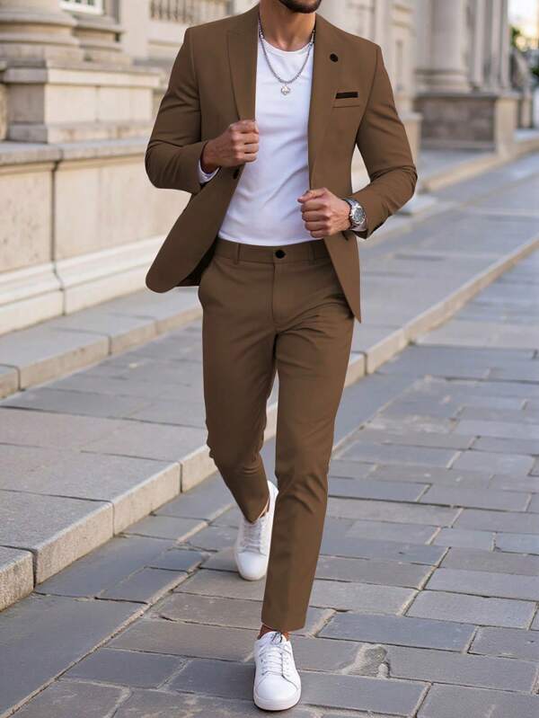 Manfinity Mode Men's Solid Color Long Sleeve Jacket And Pants Casual Suit Set Men Suits Brown