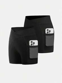 SHEIN 青少年女孩 2 件套纯色修身运动短裤，舒适口袋设计，适合日常锻炼、健身、跑步、户外活动、夏季 - 黑色 - 查看 1