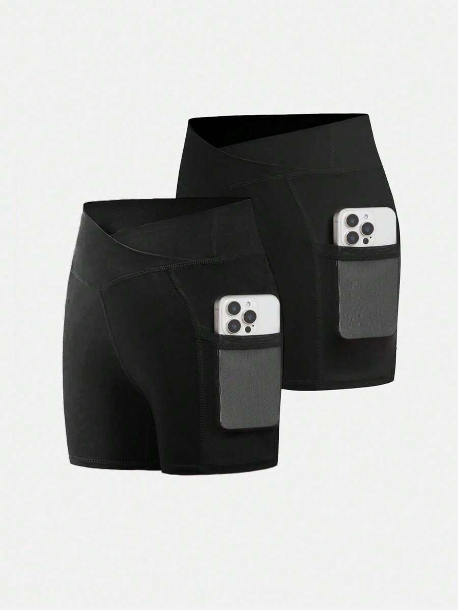 SHEIN 青少年女孩 2 件套纯色修身运动短裤，舒适口袋设计，适合日常锻炼、健身、跑步、户外活动、夏季 - 黑色 - 查看 1