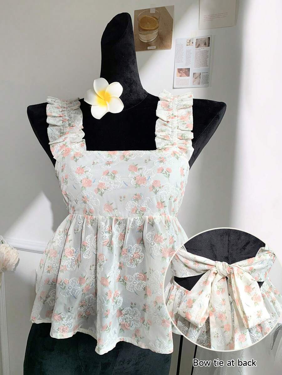 SHEIN EZwear 女式碎花休闲荷叶边下摆背心，夏季 - 彩色 - 查看 1