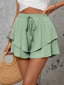 SHEIN LUNE Quần short rộng rãi họa tiết trơn màu mùa hè - màu xanh lá - Xem 4