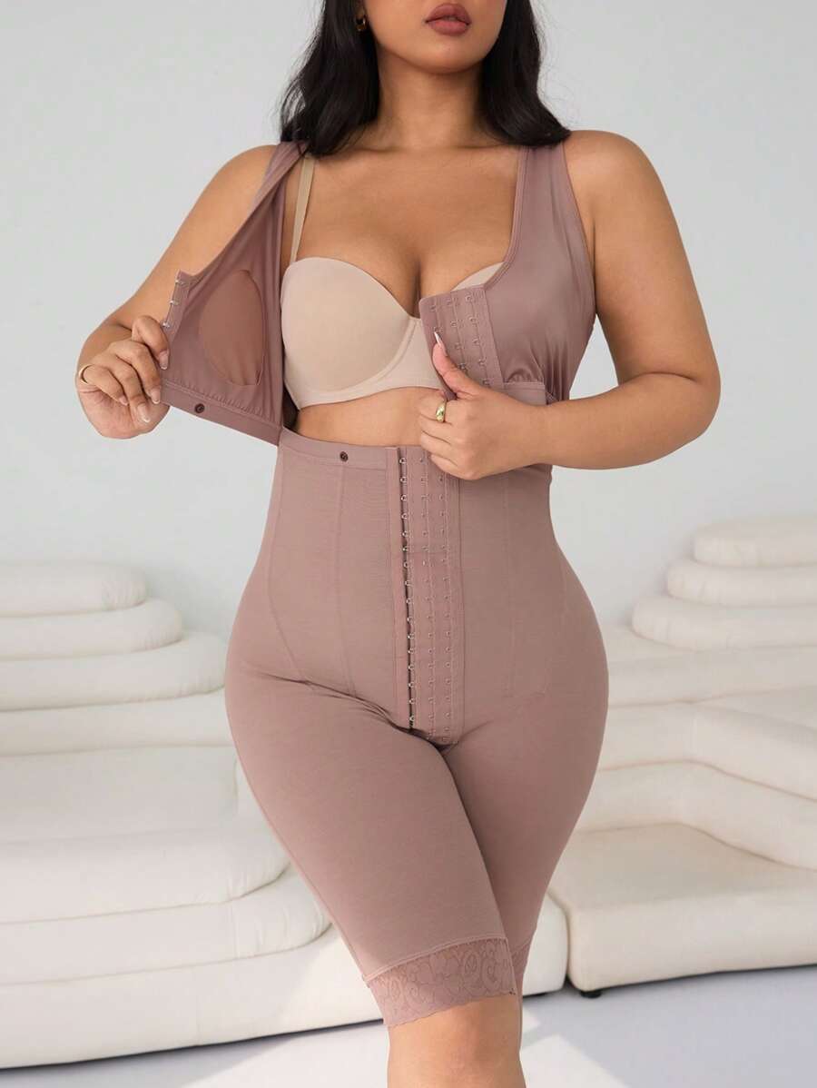 SHEIN EZwear 加大码女士塑身连体衣,提升胸部、收腹、提臀 - 棕色 - 查看 1