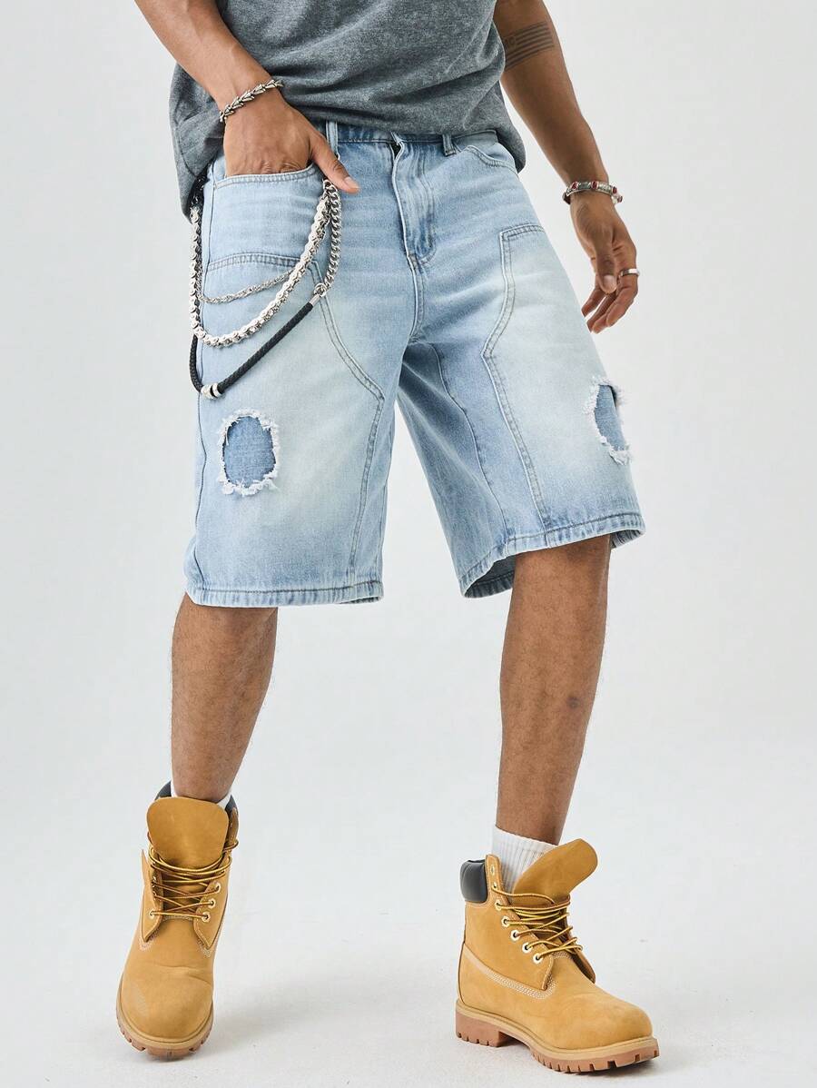 Manfinity EMRG 男士褪色简约休闲牛仔短裤 - 淺色水洗藍 - 查看 1