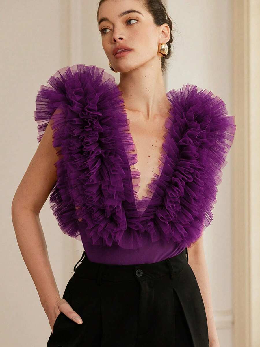 Aveloria Rosie Delicate, Elegant And Sexy Deep V-Neck Sleeveless Mesh Floral 3D Bodysuit For Women - Purple - View 1