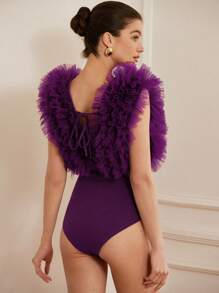 Aveloria Rosie Delicate, Elegant And Sexy Deep V-Neck Sleeveless Mesh Floral 3D Bodysuit For Women - Purple - View 2