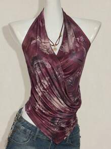 SHEIN ICON 女式复古印花不对称下摆垂领衬衫