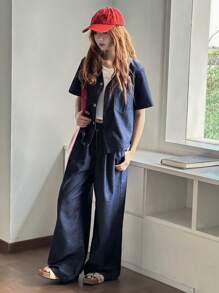 Dazy Kids Youth Girls Loose Casual Denim 2 Pieces Set