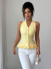 Elenzga Blusa de mujer elegante con cuello en V con volantes y sin mangas, para usar en vacaciones románticas, resorts de playa o fiestas de té por la tarde