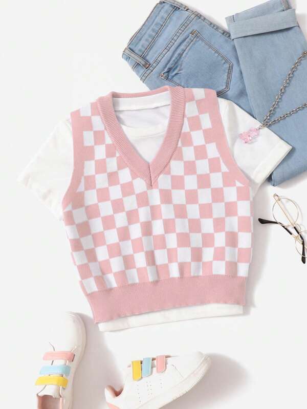SHEIN Chaleco De Suéter Con Estampado De Ajedrez Para Niñas Sin Camiseta Interior
