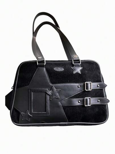 Grunge Punk Retro College Style Black Patchwork Gray Pentagram Outer Transparent Layer Zipper Pocket Large Capacity Multifunctional Shoulder Bag, Y2K Casual Fashion Versatile Unisex Shoulder Bag For Campus, Social Events, Gatherings, Shopping