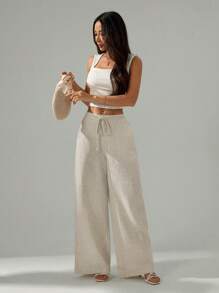 SHEIN PETITE Quần vải lanh trơn màu cho nữ có túi ống rộng, quần đi làm có họa tiết, quần vải lanh phong cách Old Money, quần rộng thùng thình, quần đi biển mùa hè cho nữ, quần ống rộng cho nữ, quần túi hộp - Màu be - Xem 7